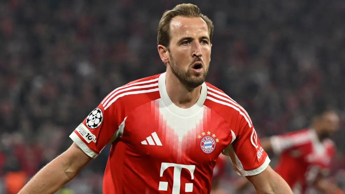 Bayern München - Real Madrid: 15.04.2026, Bayern, München: Fußball, Männer: Champions League, Bayern München - Real Madrid, K.o.-Runde, Viertelfinale, Rückspiele, Allianz Arena, Harry Kane (Bayern München) feiert nach dem Tor zum 2:2. Foto: Sven Hoppe/dpa +++ dpa-Bildfunk +++