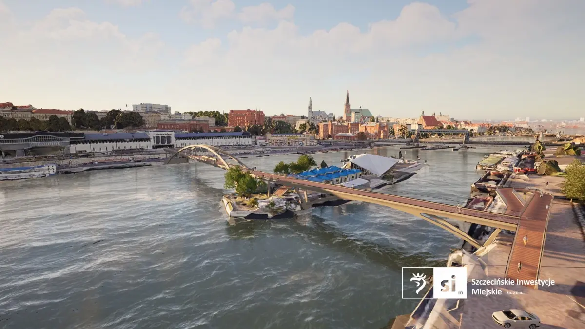 Geplante Rad- und Fußgängerbrücke in Szczecin/Polen, die die Oder-Inseln Przymoście und Kępa Parnicka mit dem Bahnhof (r.) verbindet (Entwurf). Im Hintergrund die Innenstadt.