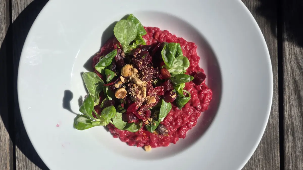 Ein Risotto aus "Ryce" und Roter Beete in der taz-Kantine am 8.4.2026, freigegeben für einen Artikel über "Ryce" von Sandra Ketterer