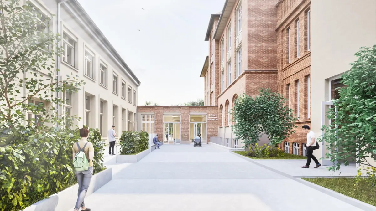 Präsentation des Planungsbüros - Zukunftscampus Spree-Neiße. Haus A und B in Zusammenhang mit Mensa | Kommunikationsflächen, Zugang Foyer Campusplatz