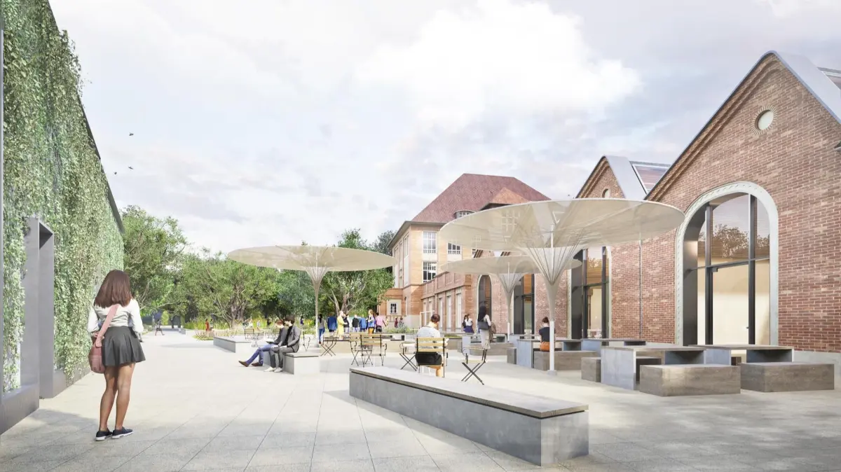 Präsentation des Planungsbüros - Zukunftscampus Spree-Neiße. Haus A und B in Zusammenhang mit Mensa | Kommunikationsflächen, Außensitzbereich