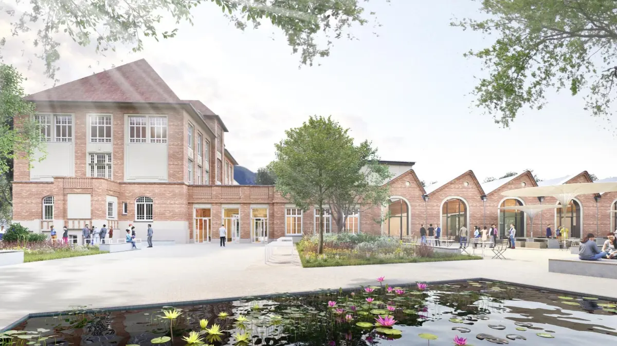 Präsentation des Planungsbüros - Zukunftscampus Spree-Neiße. Haus A und B in Zusammenhang mit Mensa | Kommunikationsflächen, Zugang Foyer Campusplatz