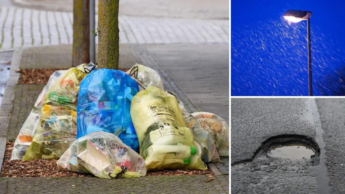 Hinweise in Königs Wusterhausen: Müll, kaputte Straßenlaternen und Straßenschäden sind ganz oben auf der Liste. (Symbolbilder)
