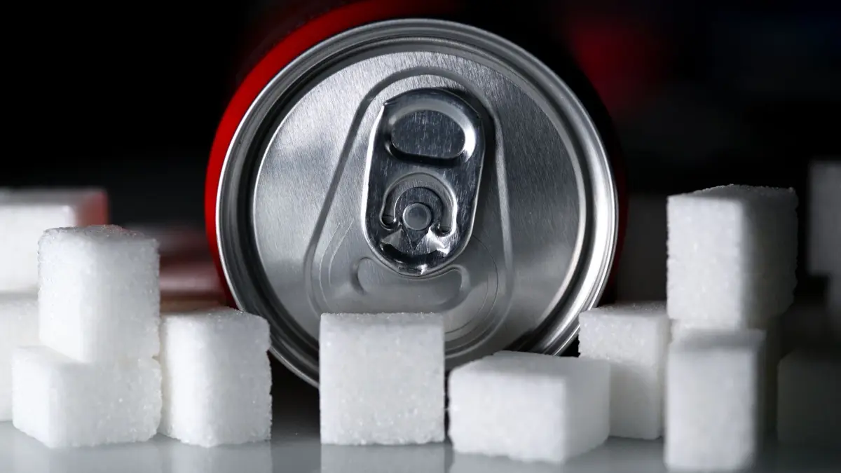 Softdrinks mit Zucker: ILLUSTRATION - 17.02.2026, Bayern, München: Eine Getränkedose mit einem Softdrink und zahlreiche Zuckerwürfel liegen auf einem Tisch. (zu dpa: «Foodwatch fordert von Klingbeil Entwurf für Zuckersteuer») Foto: Sven Hoppe/dpa +++ dpa-Bildfunk +++