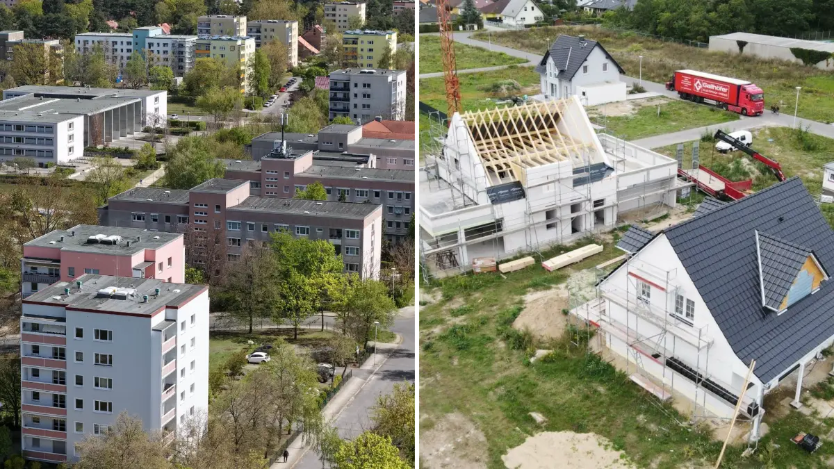 Blick auf die Neubaublöcke im Cottbuser Stadtteil Sachsendorf und auf Eigenheime in der Vogelsiedlung im Norden der Stadt. Von der kommunalen Wärmeplanung sind alle betroffen.