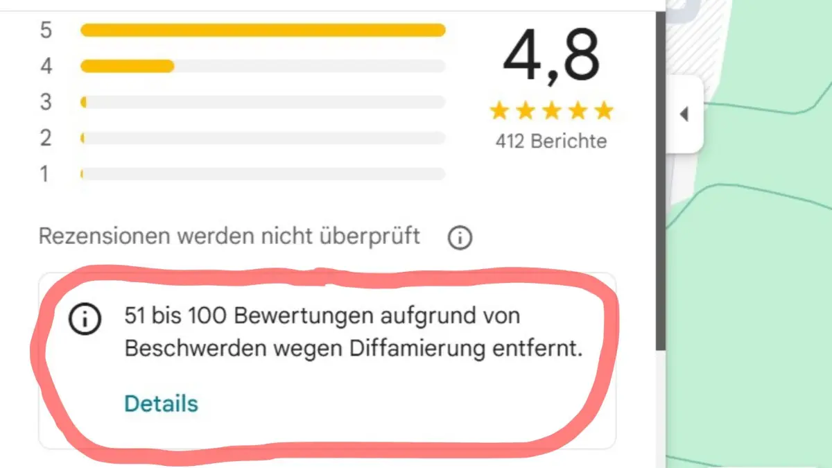 So sieht es aus, wenn bei Google Bewertungen gelöscht wurden. Die Anzeige findet man in der App oder am Computer unter dem Reiter „Rezensionen“.