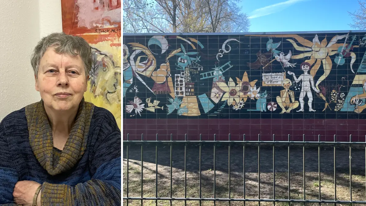 L: Sigrid Noack, r: Sigrid Noacks Wandbild "Weltall Erde Mensch" in Guben, April 2026