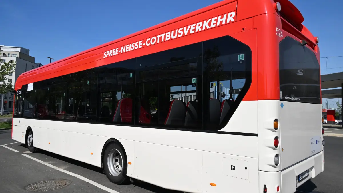 Wasserstoffbus SPN Cottverkehr: Ein Wasserstoffbus von Spreeneiße-Cottbusverkehr steht auf dem Parkplatz Verkehrsknoten Hauptbahnhof und fährt nach einer kurzen Pause auf der Pücklerlinie 10 zum Schloss Branitz. Die Wasserstoffbusse (gut zu erkennen an der höheren roten Dachkante gegenüber den herkömmlichen Bussen von Cottbusverkehr) haben keine herkömmlichen Außenspiegel mehr. Die Überwachung des Strassenverkehrs erfolgt über Kameras und Aussensensoren.
Das Verkehrsunternehmen Spree-Neiße Cottbusverkehr testet derzeit die Wasserstoffbusse im regulären Linienverkehr. Bis die Wasserstofftankstelle auf dem Betriebshof in der Walther-Ratenau-Strasse fertiggestellt ist, werden die Wasserstoffbusse auf dem Betriebshof mit externen Tanklastzügen betankt.
