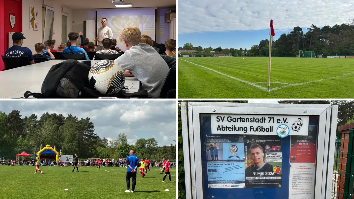 BU 1 (oben links):Influencer und Schiedsrichter Pascal „Qualle" Martin erklärt, ein Kind meldet sich — Workshop im Vereinsheim des SV Gartenstadt 71 Strausberg.BU 2 (oben rechts):Der Rasenplatz des SV Gartenstadt 71 an der Bergstraße in Strausberg — kurz vor dem Anstoß.BU 3 (unten links):Fußball auf dem Platz des SV Gartenstadt 71 — Zuschauer, Trainer und eine Hüpfburg inklusive.BU 4 (unten rechts):Der Vereinsaushang kündigte den Besuch des Schiedsrichter-Influencers Qualle bereits an: Workshop um 9:30 Uhr, Spiele ab 11:30 Uhr — am 9. Mai 2026 beim SV Gartenstadt 71 Strausberg.