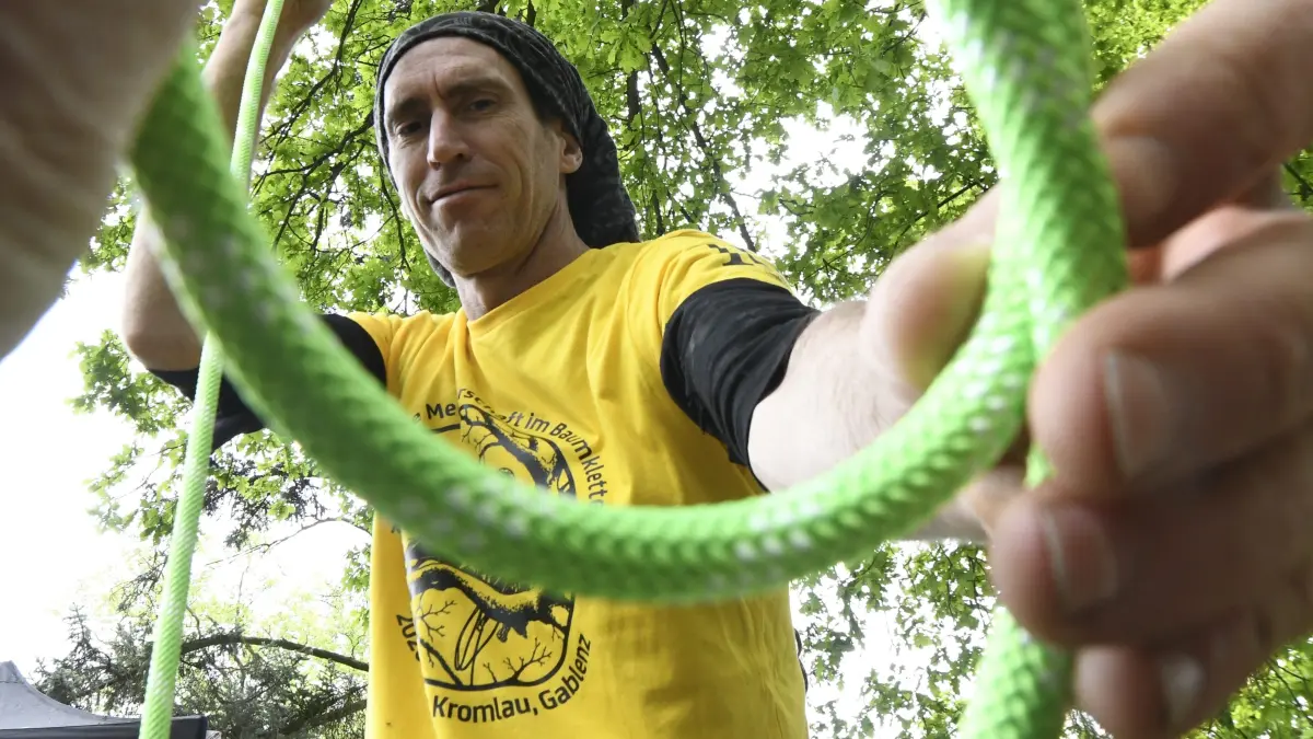 Im Park Kromlau wird aktuell die Deutsche Meisterschaft im Baumklettern ausgetragen. Am kommenden Sonnabend können Zuschauer das Finale verfolgen. Im Foto der amtierende Weltmeister James Kilpatrick aus Hamburg.
