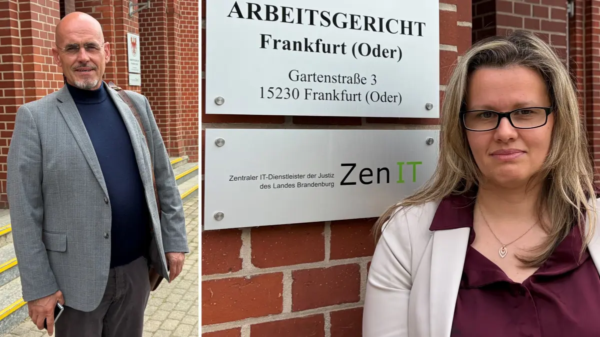 BSW-Landtagsfraktionschef Niels-Olaf Lüders und die BSW-Kreisvorsitzende in Märkisch-Oderland vor dem Arbeitsgericht Frankfurt (Oder)