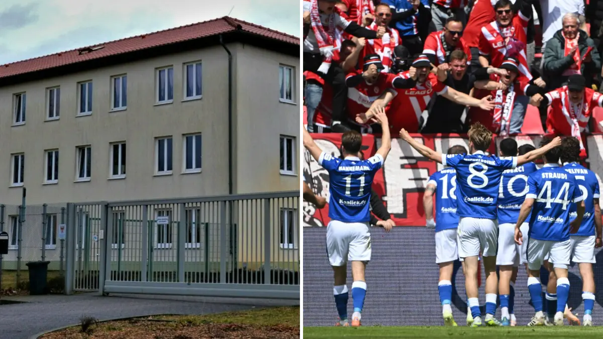 JVA Spremberg links/ Jubel nach dem Siegtor von Energie Cottbus in Regensburg/rechts