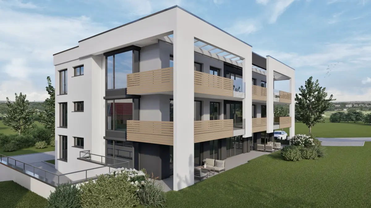 Detailgetreue Architekturvisualisierung von zwei Mehrfamilienhäusern mit modernen Eigentumswohnungen. Die Darstellung zeigt die harmonische Einbettung der Fassade in die Umgebung unter Berücksichtigung der ländlichen Umgebungsbebauung. Optimale visuelle Unterstützung für Bauträger und Architekten zur Vermarktung von Immobilienobjekten im DACH-Raum. Visualisierung: Binder 3D Rendering