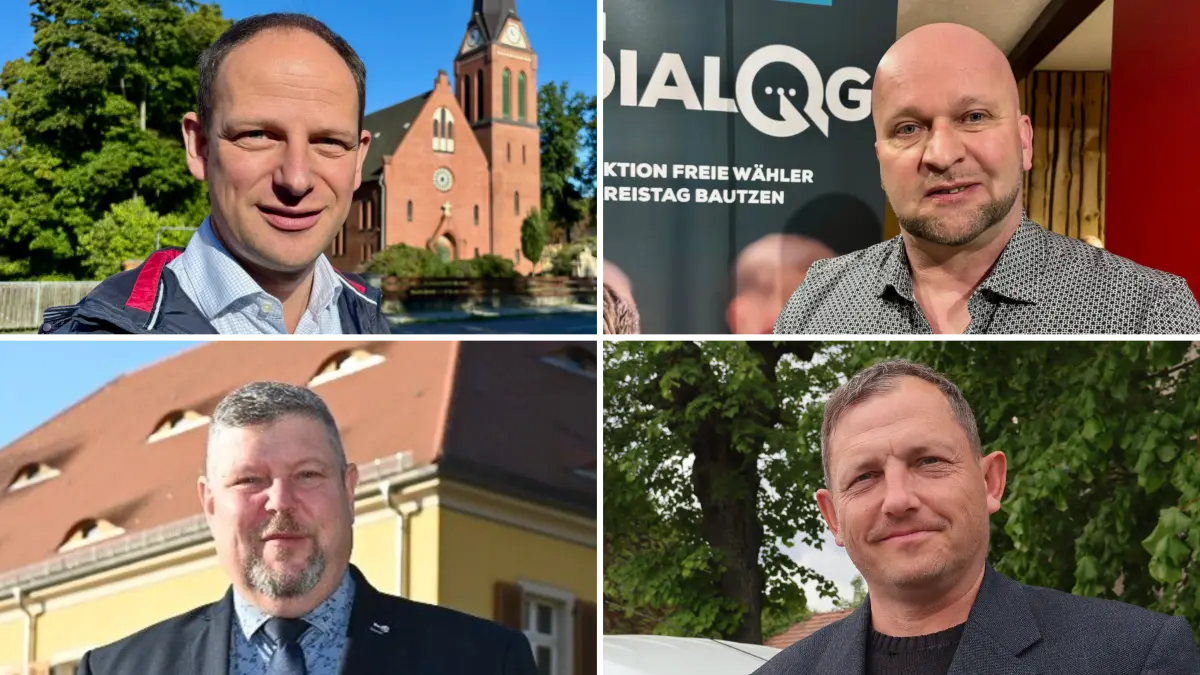 Die Bürgermeisterwahl in Bernsdorf an diesem Sonntag, 31. Mai 2026, verspricht Spannung. Vier Kandidaten wollen das neue Stadtoberhaupt werden: Thomas Haink (CDU, links oben), Frank Jurisch (Freie Wähler/BKC, rechts oben), Lutz Härtner (AfD, links unten) und Michael Große (Einzelbewerber).