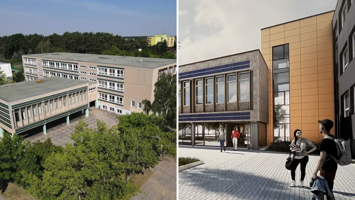 Die Oberschule in Schmellwitz (l.) soll in den kommenden Jahren saniert werden - und eine neue Optik erhalten (r.). Doch ein Fördermittelantrag ist geplatzt.