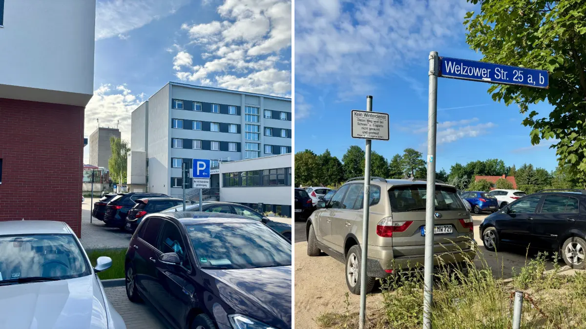 Direkt an der Rettungswache am Universitätsklinikum in der Welzower Straße in Cottbus ist das Parken nur mit Sondergenehmigung erlaubt (r.). Doch direkt daneben gibt es einen große Freifläche, die aktuell von vielen Autofahrern genutzt wird.