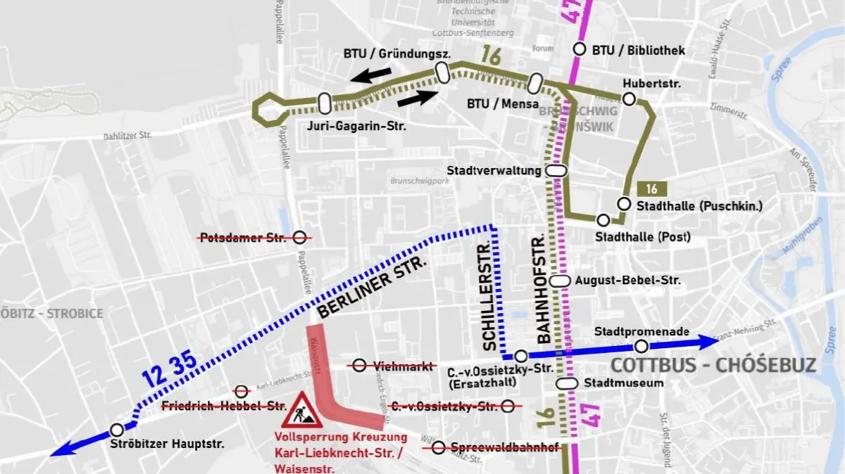 Die Buslinien 12, 16, 35 und 47 sind von der Sperrung der Kreuzung Wisenstraße/Karl-Liebknecht-Straße in Cottbus betroffen. Cottbusverkehr hat entsprechende Umleitungen ausgewiesen.