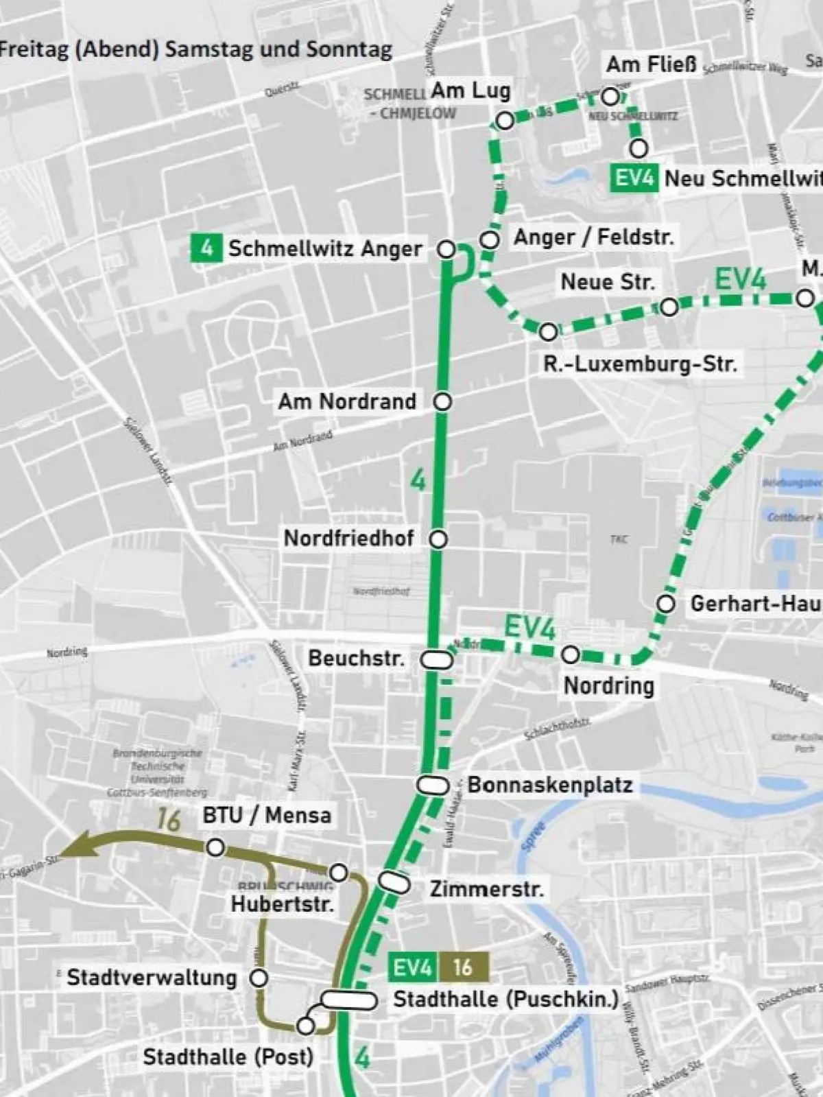 Cottbusverkehr kündigt vom 29. bis 31. Mai Änderungen in Richtung Neu Schmellwitz an. So fahren die Straßenbahnlinie 4 und der Ersatzverkehr EV4.