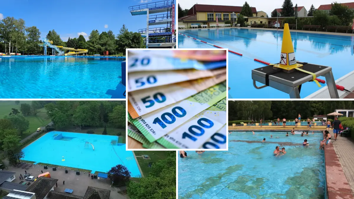 Auch die Bäder in Finsterwalde (o.li.), Tröbitz (o.re.), Crinitz (u. li.) und Herzberg benötigen jeweils finanzielle Mittel für ihren laufenden Betrieb. Wie die Sparkasse Elbe-Elster hilft.