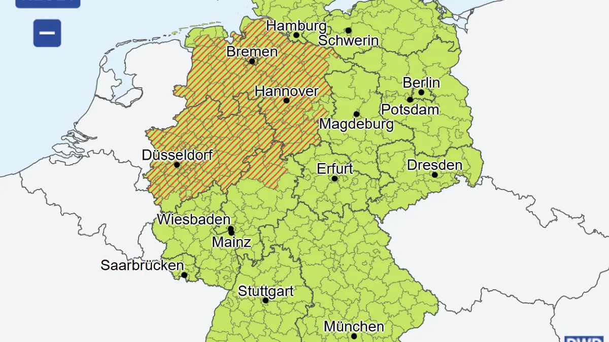 In den rot markierten Landkreisen gilt die Unwetterwarnung.
