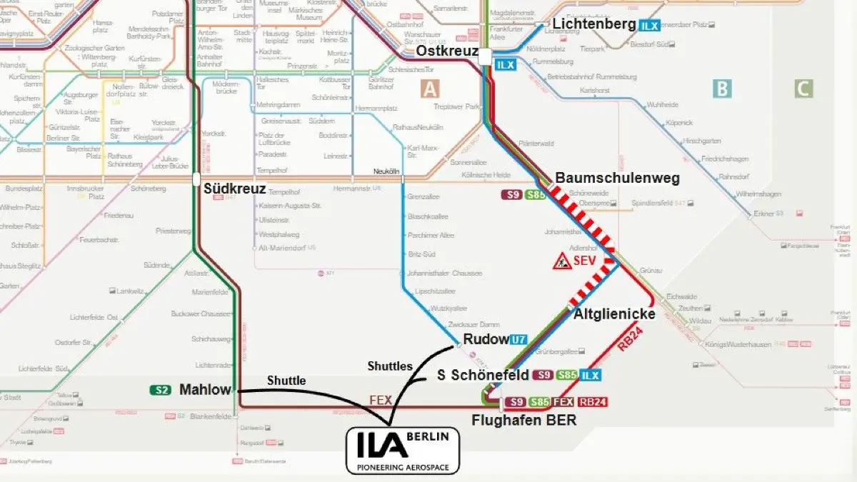 Liniennetz und Shuttlebusse zur ILA 2026. Von den Endhaltstellen der Züge werden Busshuttles eingerichtet.