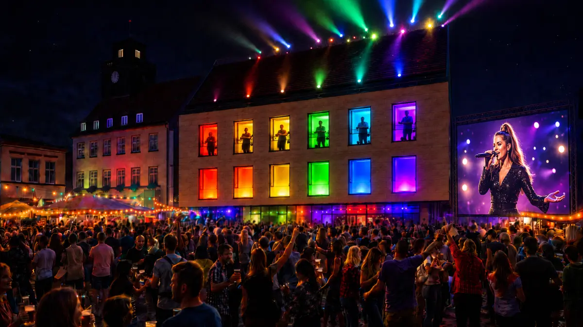 Etwa so könnte das Senftenberger Rathaus während der Abende beim diesjährigen Peter-und-Paul-Fest aussehen. Für Stimmung ist also gesorgt.