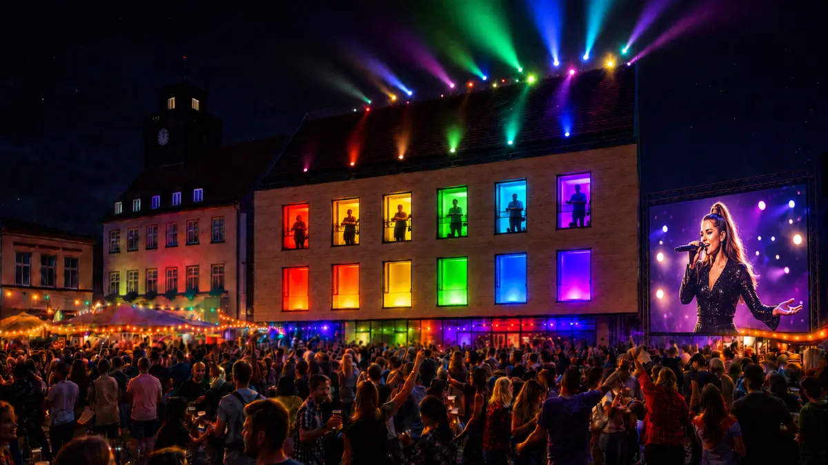 Etwa so könnte das Senftenberger Rathaus während der Abende beim diesjährigen Peter-und-Paul-Fest aussehen. Für Stimmung ist also gesorgt.
