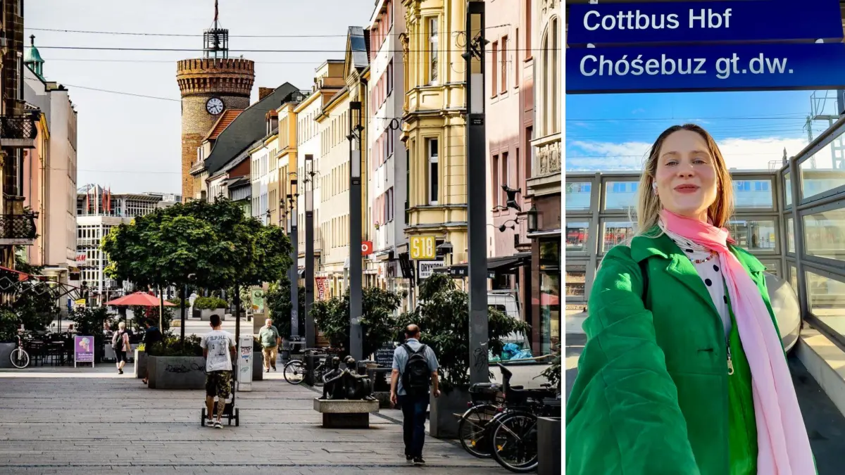 Sprem in Cottbus, Influencerin Bettina Grabl am Hauptbahnhof (rechts)