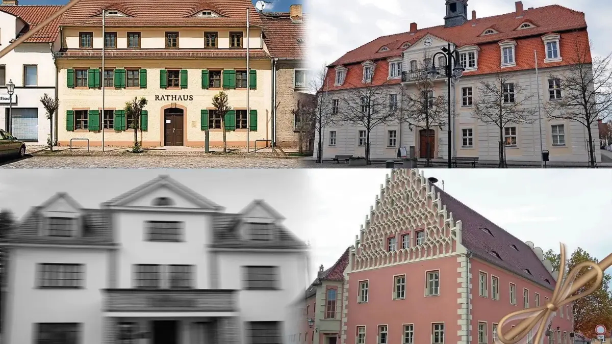 Die Bildung der Verbandsgemeinde bedeutet mehr, als nur vier Rathäuser unter einen Hut zu bekommen: Uebigau-Wahrenbrück und Bad Liebenwerda (oben v.l.) sowie Falkenberg und Mühlberg (unten v.l.)⇥Rathaus Falkenberg