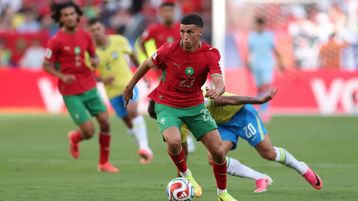 Brazil v Morocco: Group C - FIFA World Cup 2026: EAST RUTHERFORD, NEW JERSEY - JUNE 13: Bilal El Khannouss of Morocco runs with the ball during the FIFA World Cup 2026 Group C match between Brazil and Morocco at New York New Jersey Stadium on June 13, 2026 in East Rutherford, New Jersey. Darrian Traynor/Getty Images/AFP (Photo by Darrian Traynor / GETTY IMAGES NORTH AMERICA / Getty Images via AFP)