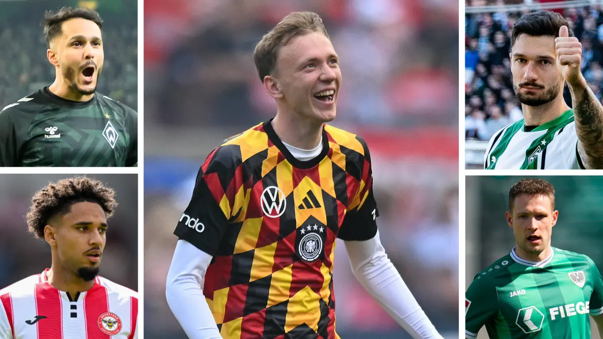 Maximilian Beier (Mitte) spielt derzeit mit der deutschen Nationalmannschaft bei der WM in den USA. Ebenfalls bei Energie Cottbus ausgebildet wurden: Leonardo Bittencourt (links oben), Kevin Schade (links unten), Tim Kleindiest (rechts oben) und Paul Jaeckel (rechts unten).