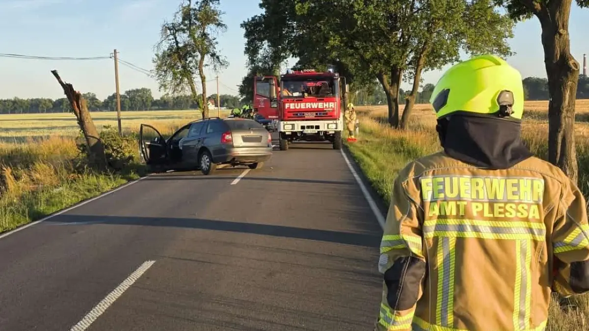 Ein Pkw kommt auf der Straße zwischen Plessa und Kaupen von der Fahrbahn ab und prallt gegen einen Straßenbaum.