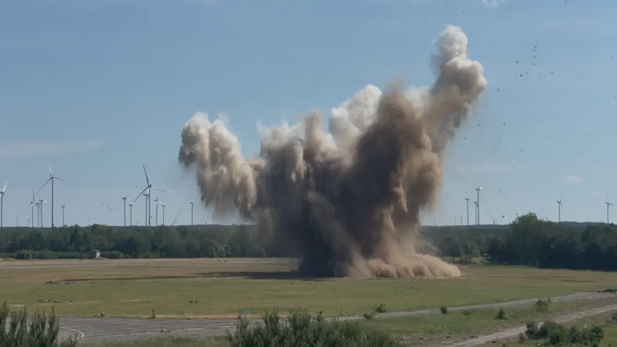 300 Kilogramm russischer Stahl inklusive 150 Kilogramm Sprengstoff und 297 deutsche Flkgranaten werden auf dem Flugplatz von Finsterwalde-Schacksdorf durch Enrico Schnick von der KMBD zur Detonation gebracht.