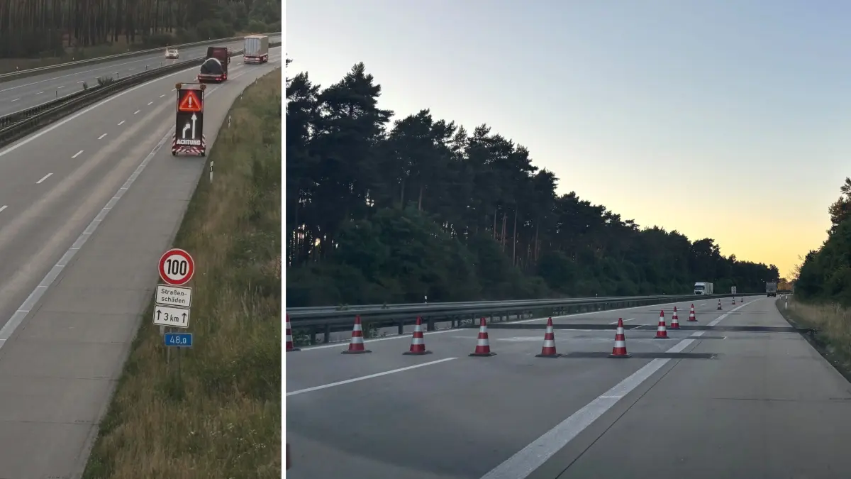Die Fahrbahn auf der A13 zwischen Duben und Freiwalde wird teilweise gesperrt. Grund dafür sind neben laufenden Bauarbeiten Hitzeschäden an der Fahrbahndecke. Laut ADAC entstehen die sogenannten "Blow-Ups" auf Strecken mit Beton als Fahrbahndecke.