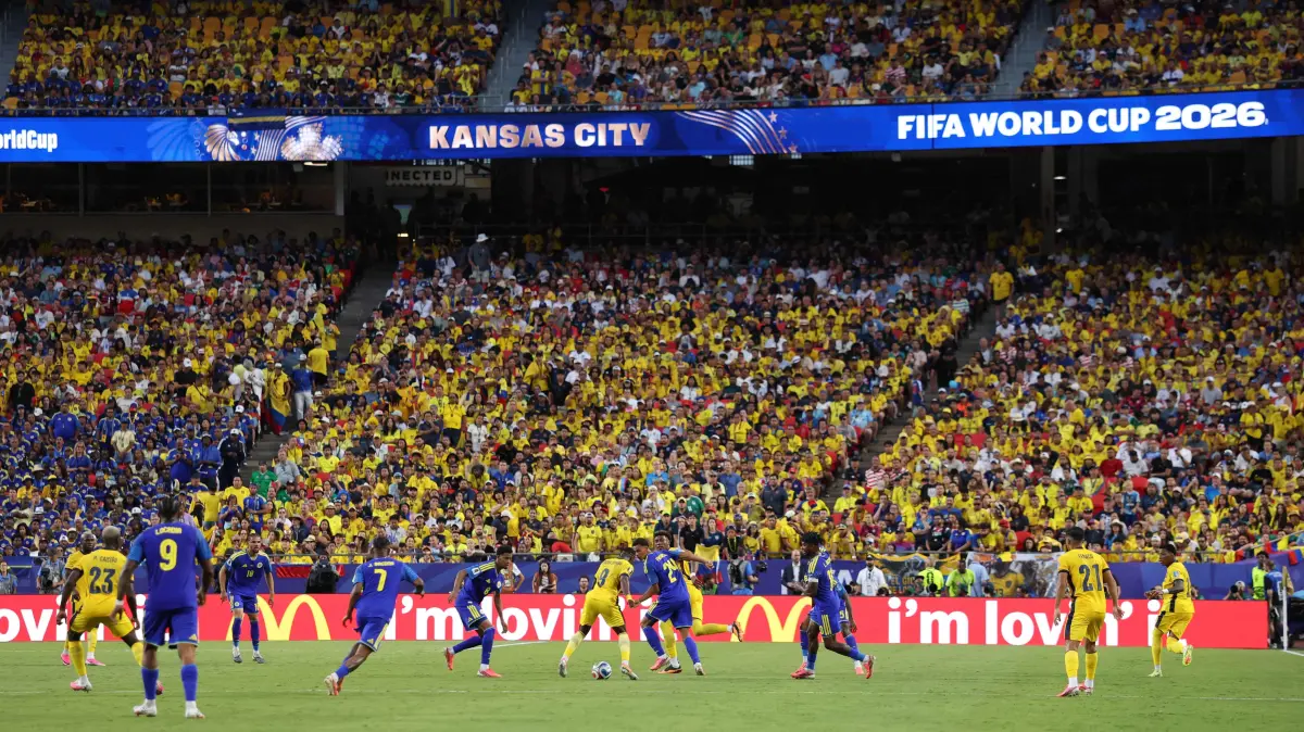 Ecuador v Curacao: Group E - FIFA World Cup 2026: KANSAS CITY, MISSOURI - JUNE 20: Match action front of the McDonalds advert boards during the FIFA World Cup 2026 Group E match between Ecuador and Curacao at Kansas City Stadium on June 20, 2026 in Kansas City, United States. Charlotte Wilson/Getty Images/AFP (Photo by Charlotte Wilson / GETTY IMAGES NORTH AMERICA / Getty Images via AFP)