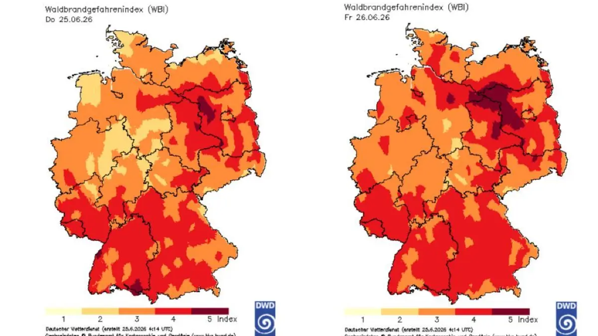 Die Karten zeigen die Waldbrandgefahr für Donnerstag und Freitag.