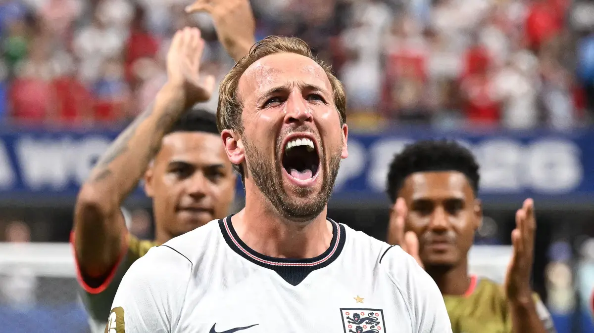 FBL-WC-2026-MATCH80-ENG-COD: England's forward #09 Harry Kane celebrates after winning the 2026 World Cup round of 32 match football between England and the Democratic Republic of Congo at the Atlanta Stadium in Atlanta on July 1, 2026. (Photo by ROBERTO SCHMIDT / AFP)