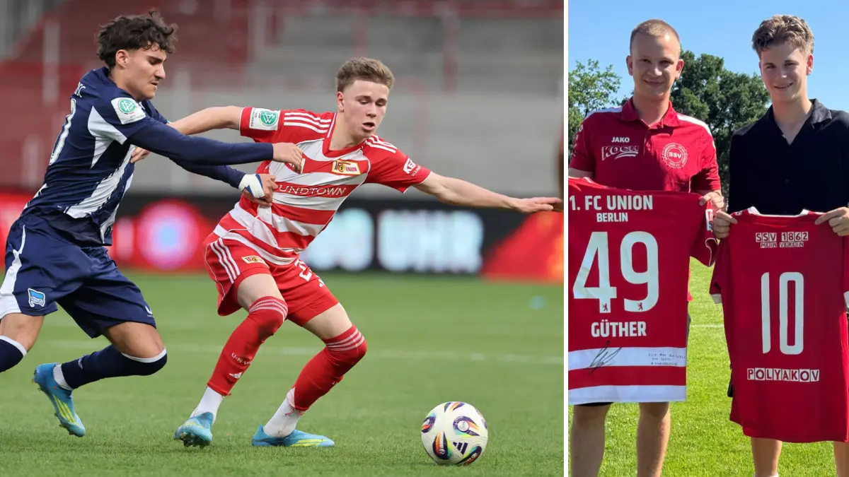 Linus Güther beim Trikottauch mit dem Spremberger SV (r.) und Lieblingsspieler Daniel Polyakov