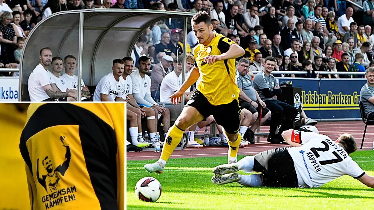 Dynamo Dresden gewinnt in Bautzen: Hier setzt sich Jakob Lemmer (links) gegen Jannik Käppler durch. Zudem gab es eine Botschaft für den erkrankten Lars Bünning.