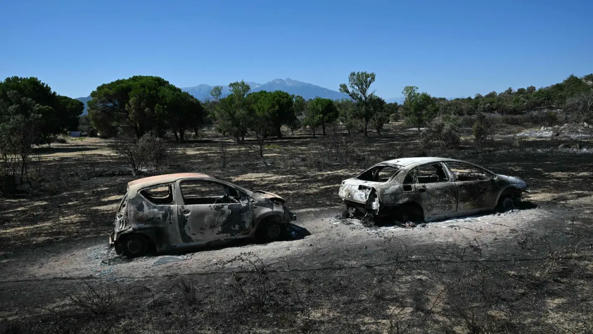 Waldbrände in Südfrankreich: 07.07.2026, Frankreich, Montalba-Le-Château: Autowracks stehen in einem verbrannten Gebiet, während im südfranzösischen Departement Pyrénées-Orientales in der Nähe der Stadt Montalba-le-Château bei Perpignan ein Waldbrand wütet. Der Waldbrand in den Pyrénées-Orientales, hat unweit von Perpignan bereits 4.900 Hektar verwüstet hat. Foto: Lionel Bonaventure/AFP/dpa +++ dpa-Bildfunk +++