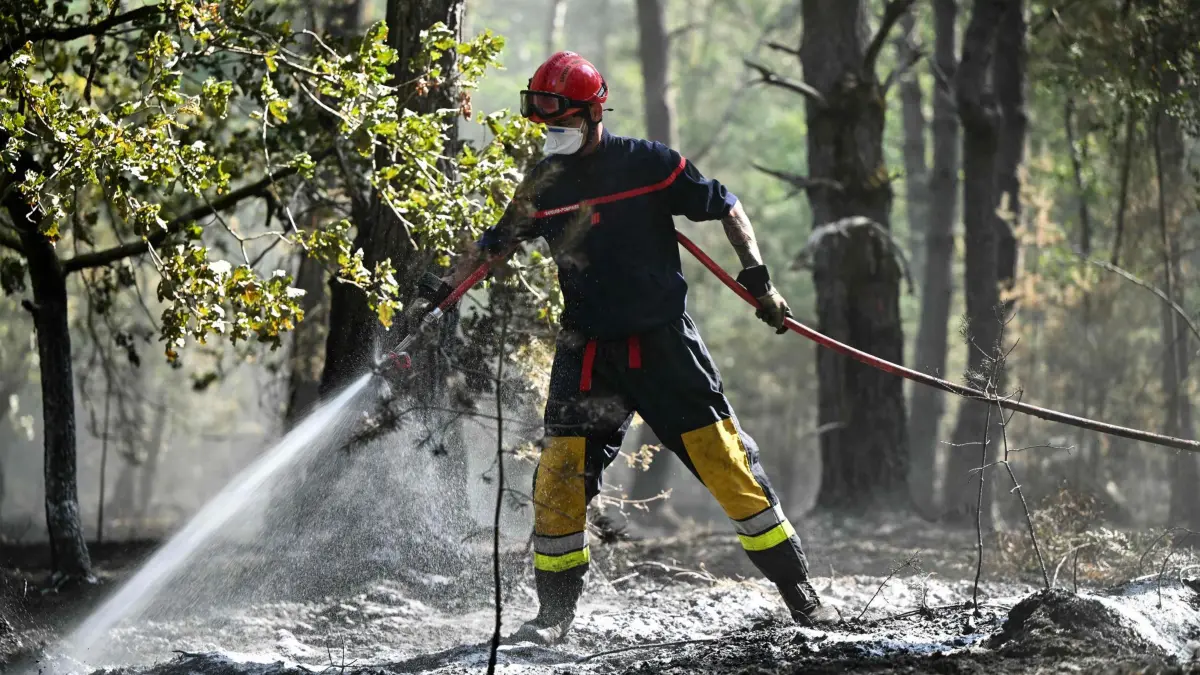 Waldbrand bei Paris: 16.07.2026, Frankreich, Noisy-sur-École: Ein französischer Feuerwehrmann ist bei einem Brand im Wald von Fontainebleau in Noisy-sur-Ecole in der Region Île-de-France im Einsatz. Ein freiwilliger Feuerwehrmann, der im Verdacht stand, einen Brand im historischen Wald von Fontainebleau in Frankreich ausgelöst zu haben, wurde am 15. Juli 2026 in Untersuchungshaft genommen, teilte ein Staatsanwalt mit. Foto: Lou Benoist/AFP/dpa +++ dpa-Bildfunk +++