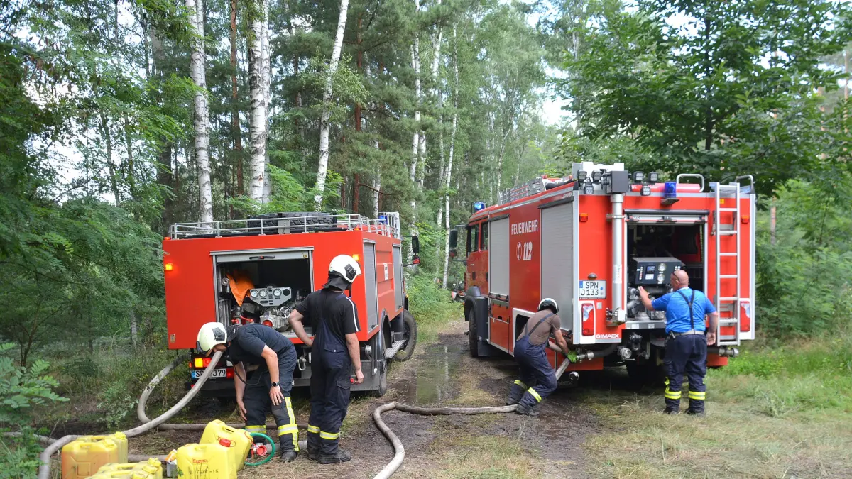 Brandeinsatz im Reuthener Moor (Gemeinde Felixsee): Die Feuerwehren mussten Löschwasser aus Friedrichshain heranschaffen und eine Schlauchleitung legen.
