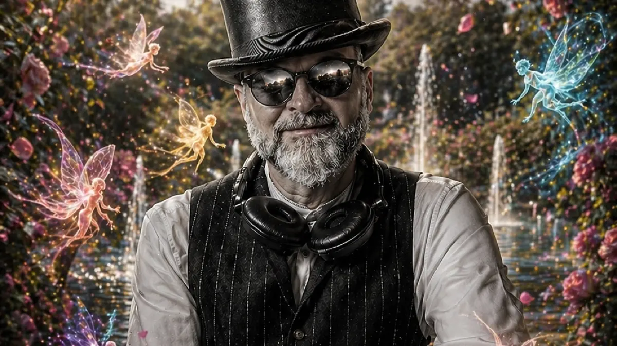 DJ Easy Pebble legt Rosentrance beim dritten Rosengartensonntag im Ostdeutschen Rosengarten Forst (Lausitz) auf. (Foto mit ChatGPT)