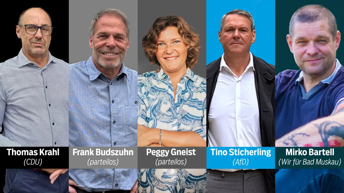 Die fünf Kandidaten für die Bürgermeisterwahl 2026 in Bad Muskau stehen fest (v.l.): Amtsinhaber Thomas Krahl (CDU), Frank Budszuhn (parteilos), Peggy Gneist (parteilos), Tino Sticherling (AfD), Mirko Bartell (Wir für Bad Muskau)