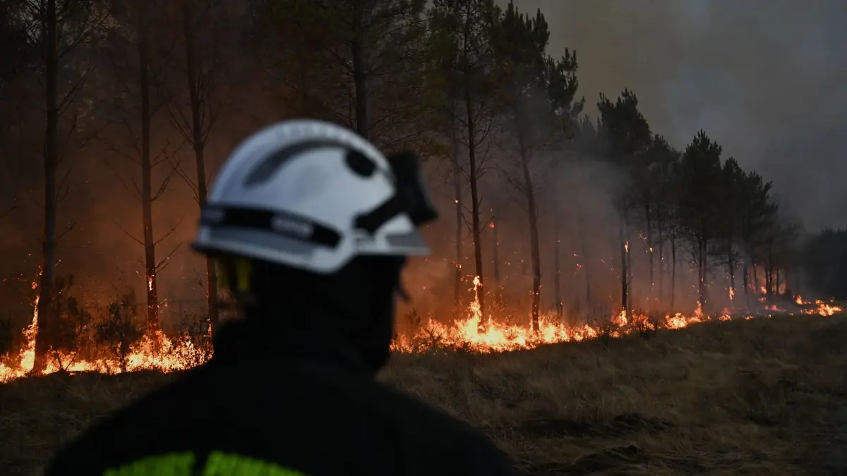 Brände in Frankreich: 26.07.2026, Frankreich, Bordeaux: Ein Feuerwehrmann geht vor brennenden Bäumen vorbei, während in der Nähe von Marcheprime, außerhalb von Bordeaux, Frankreich, ein Waldbrand wütet. Foto: Emma Da Silva/AP/dpa +++ dpa-Bildfunk +++