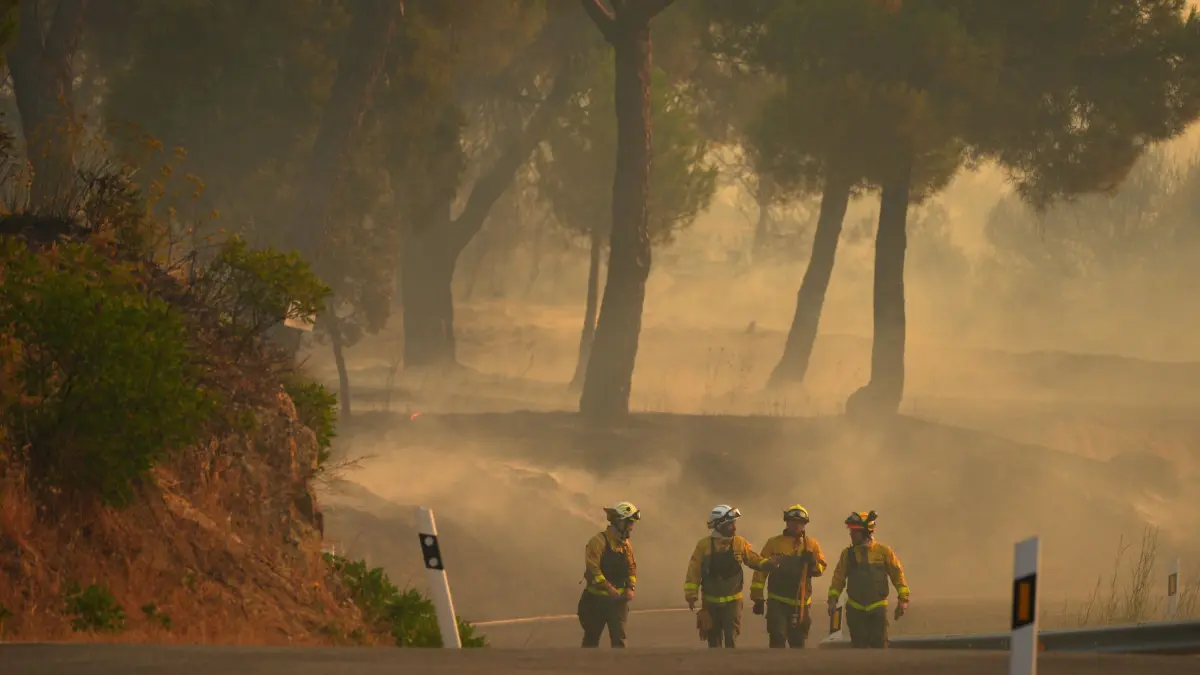 Brände in Spanien: 26.07.2026, Spanien, San Martín de Valdeiglesias: Feuerwehrleute gehen eine Straße entlang, während Rauch von einem Waldbrand aufsteigt. Spanien kämpft gegen zahlreiche Waldbrände. Wegen der schweren Feuer rief die Regierung für die Umgebung der Hauptstadt Madrid sowie für die Region Ávila den Notstand aus. Foto: Manu Fernandez/AP/dpa +++ dpa-Bildfunk +++