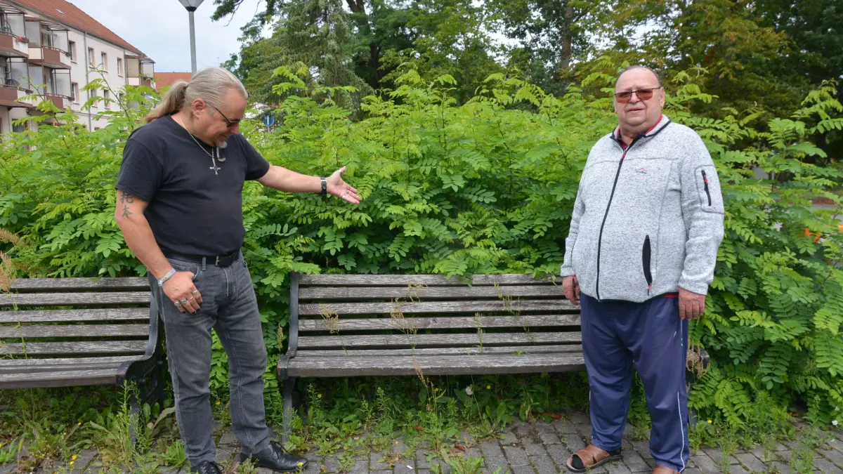 Göran Richter, Ortsvorsteher von Schwarze Pumpe (l.), und Anwohner Peter Balkow verstehen den Ärger, vor allem älterer Bürger, über den zugewucherten Platz im alten Ortskern.