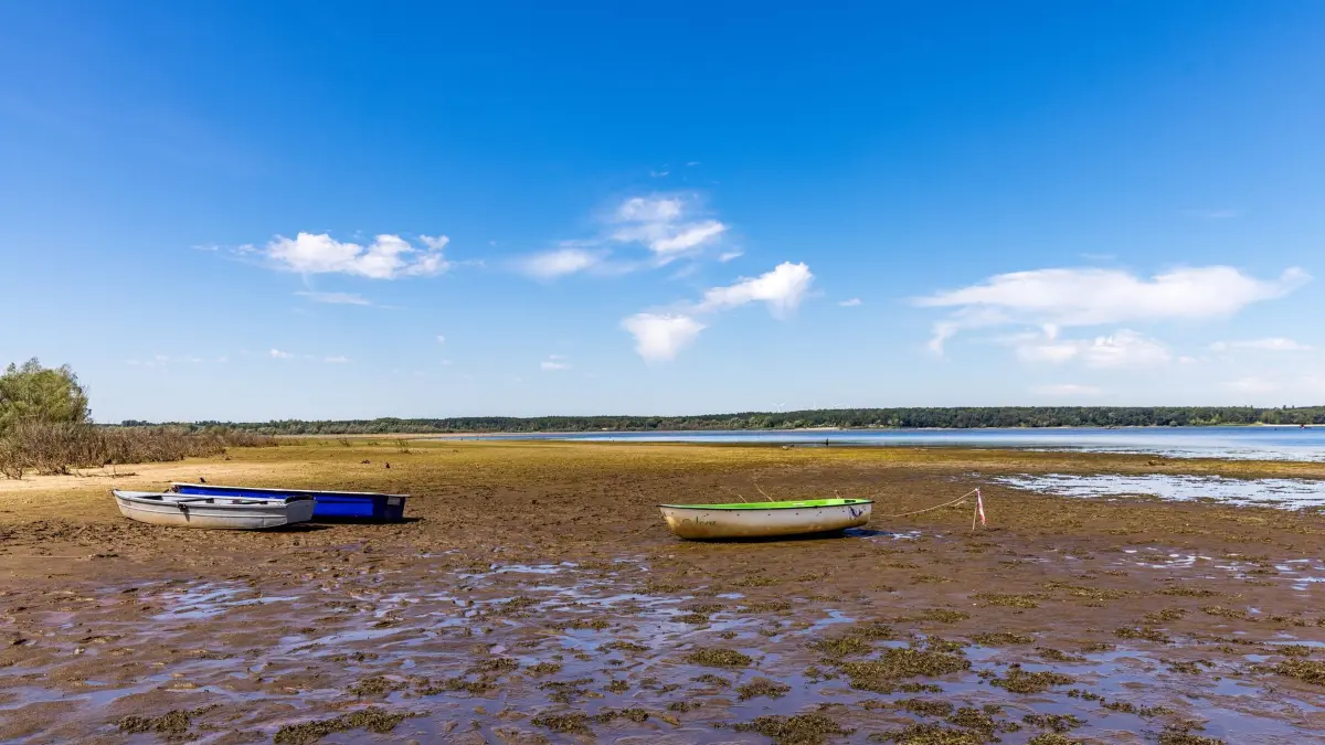Sommerliches Wetter - Niedrigwasser an der Spree: 29.07.2026, Brandenburg, Bagenz: Das Wasser in der Talsperre Spremberg ist deutlich zurückgegangen - Boote, die sonst im Wasser schwimmen, liegen auf dem Trockenen. Um die verbliebenen Reserven in den Wasserspeichern besser managen zu können und die Niedrigwasserstützung bis zum Ende des Sommers zu sichern, hat das Landesamt für Umwelt (LfU) Brandenburg eine länderübergreifende Ad-hoc-Arbeitsgruppe einberufen. Foto: Frank Hammerschmidt/dpa +++ dpa-Bildfunk +++