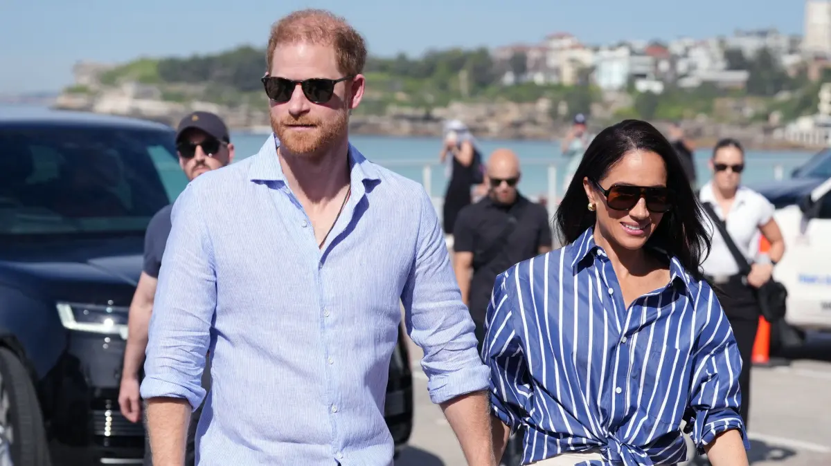 Der Herzog und die Herzogin von Sussex während ihres Besuchs am Bondi Beach am vierten Tag ihrer Reise nach Australien im April 2026.