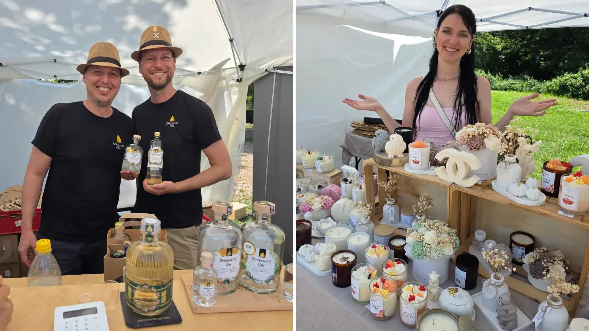 Für Ronny Graßmann und Robert Rau von "Spreewitz Gin" sowie Sarah Rockstroh von "Frühlicht" aus Cottbus steht die Atmosphäre auf der LebensArt in Lübben im Vordergrund.